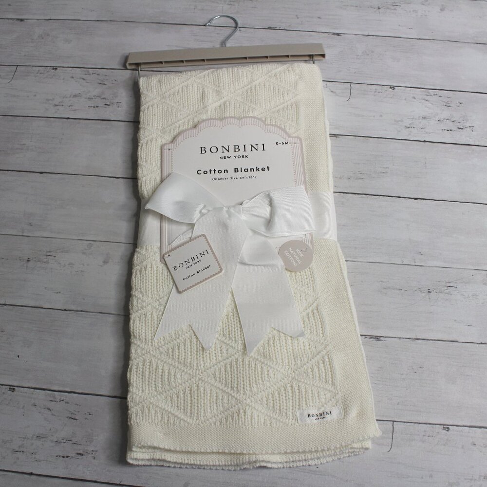 Bonbini Baby Crib Blanket 38 x 28 in 100% Cotton Knitted Off White